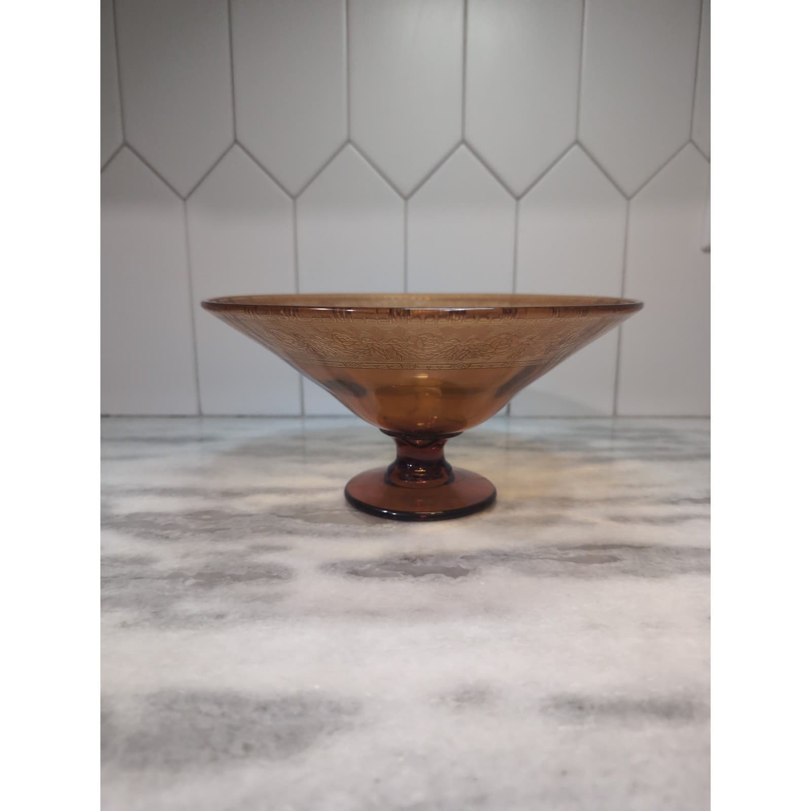 Amber Glass Pedestal Bowl with Etched Edge, Floral Design, Vintage Centerpiece - Thumbnail 5