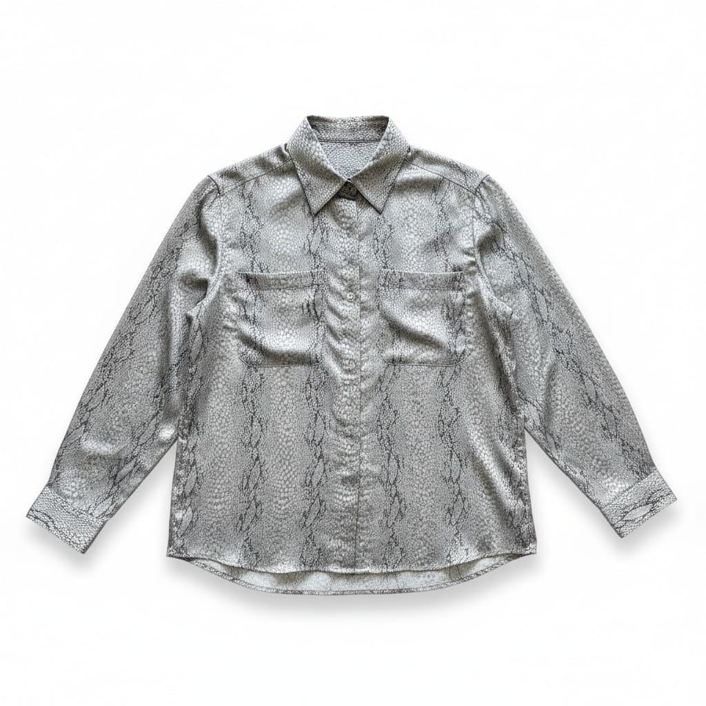 Alain Gerard Silver Snakeskin Print Button Down, Women's Size 4 Metallic Blouse