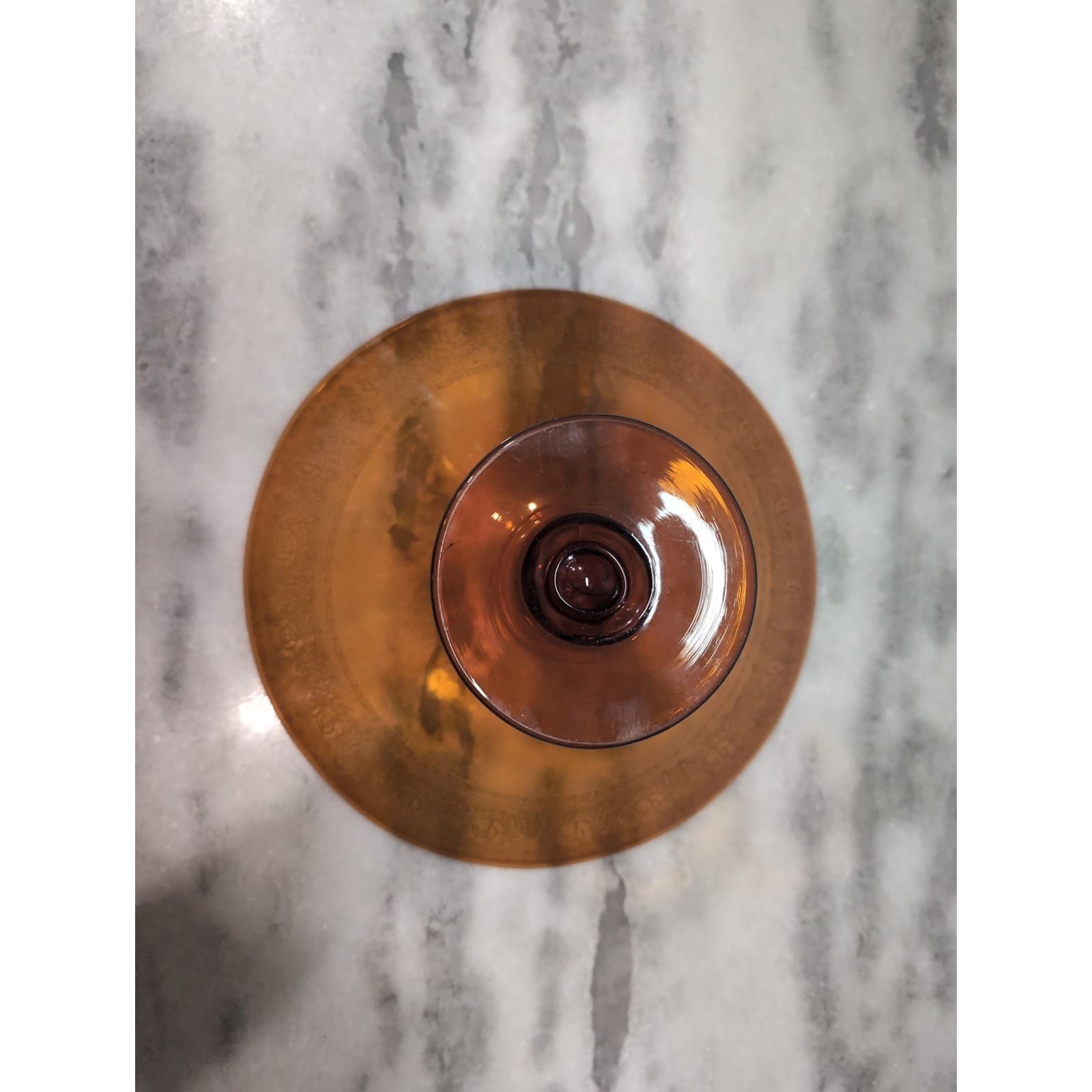 Amber Glass Pedestal Bowl with Etched Edge, Floral Design, Vintage Centerpiece - Thumbnail 4
