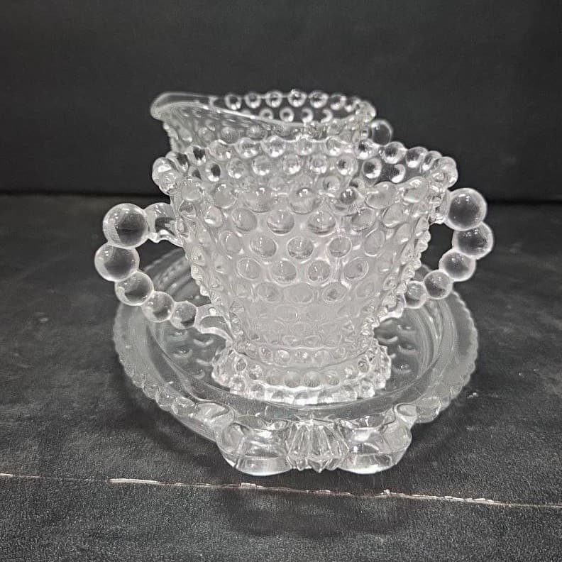 Duncan & Miller Crystal Hobnail Sugar And Creamer With Tray, Vintage Glassware - Thumbnail 5