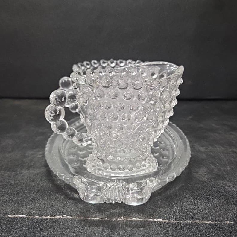 Duncan & Miller Crystal Hobnail Sugar And Creamer With Tray, Vintage Glassware - Thumbnail 3