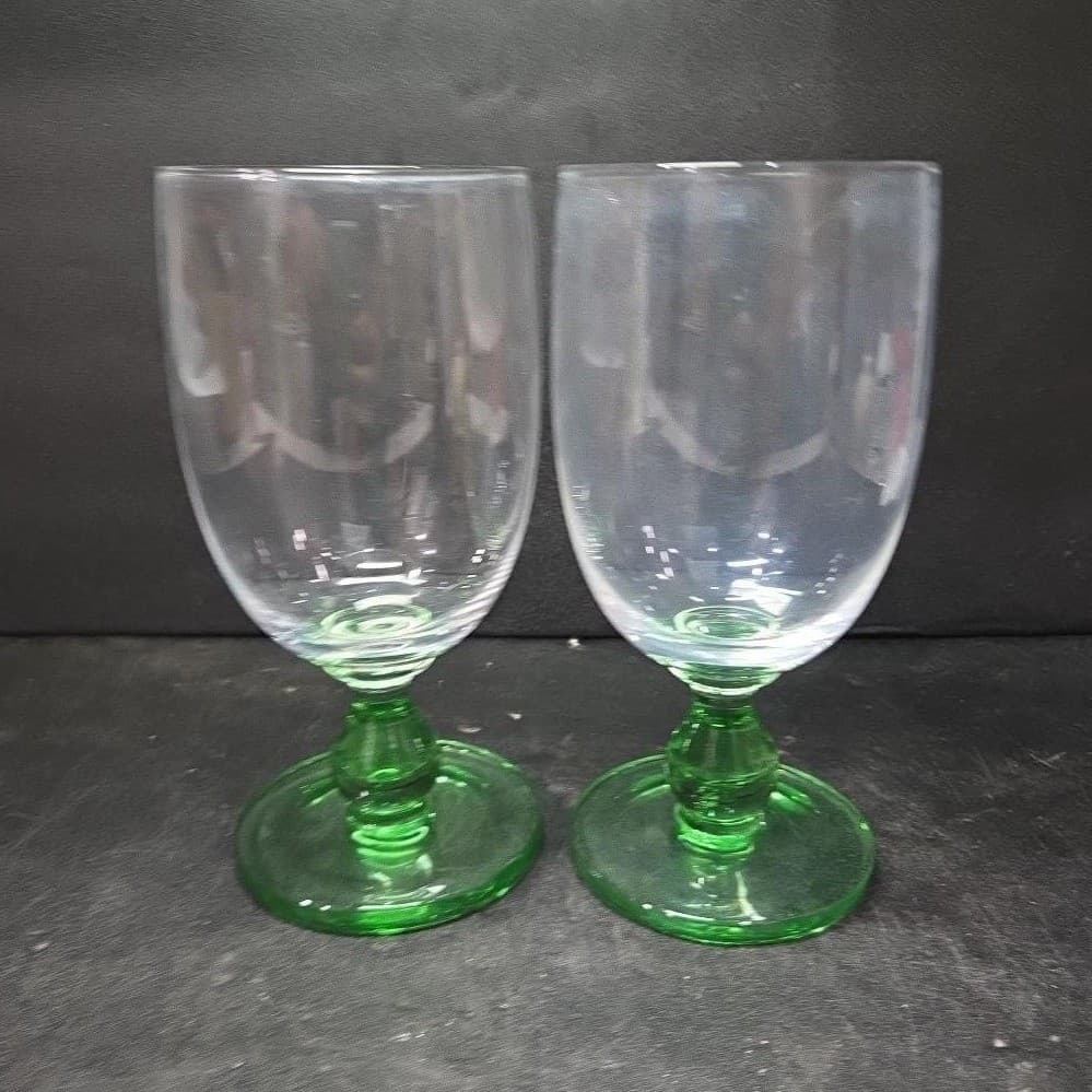Green Bubble Stem Wine Glasses, Set of 2, Vintage Clear Bulb Stemware, Drinkware - Thumbnail 3