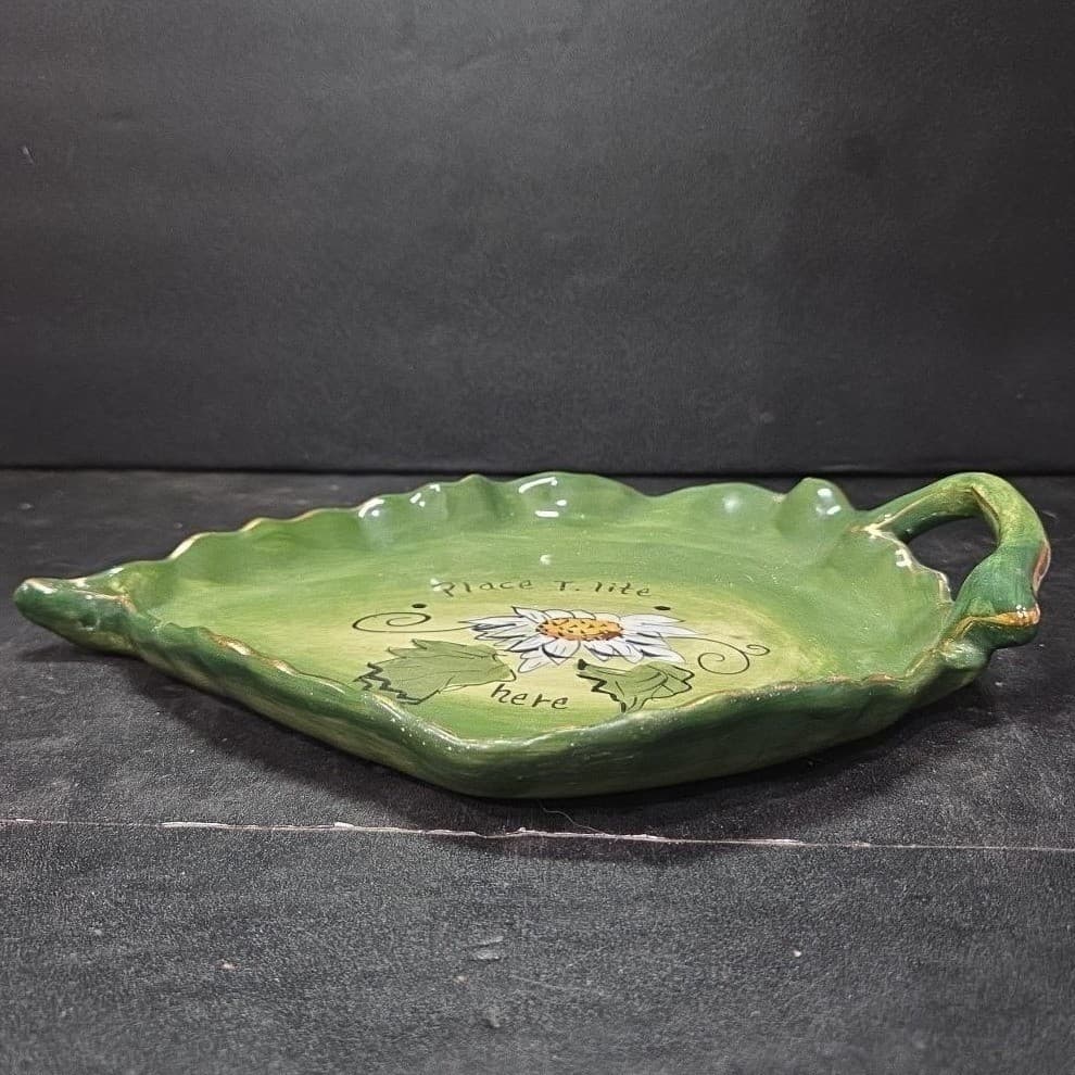 Blue Sky Leaf Shape Tea Light Tray, Green Floral Painted Plate, Vintage Dish - Thumbnail 6