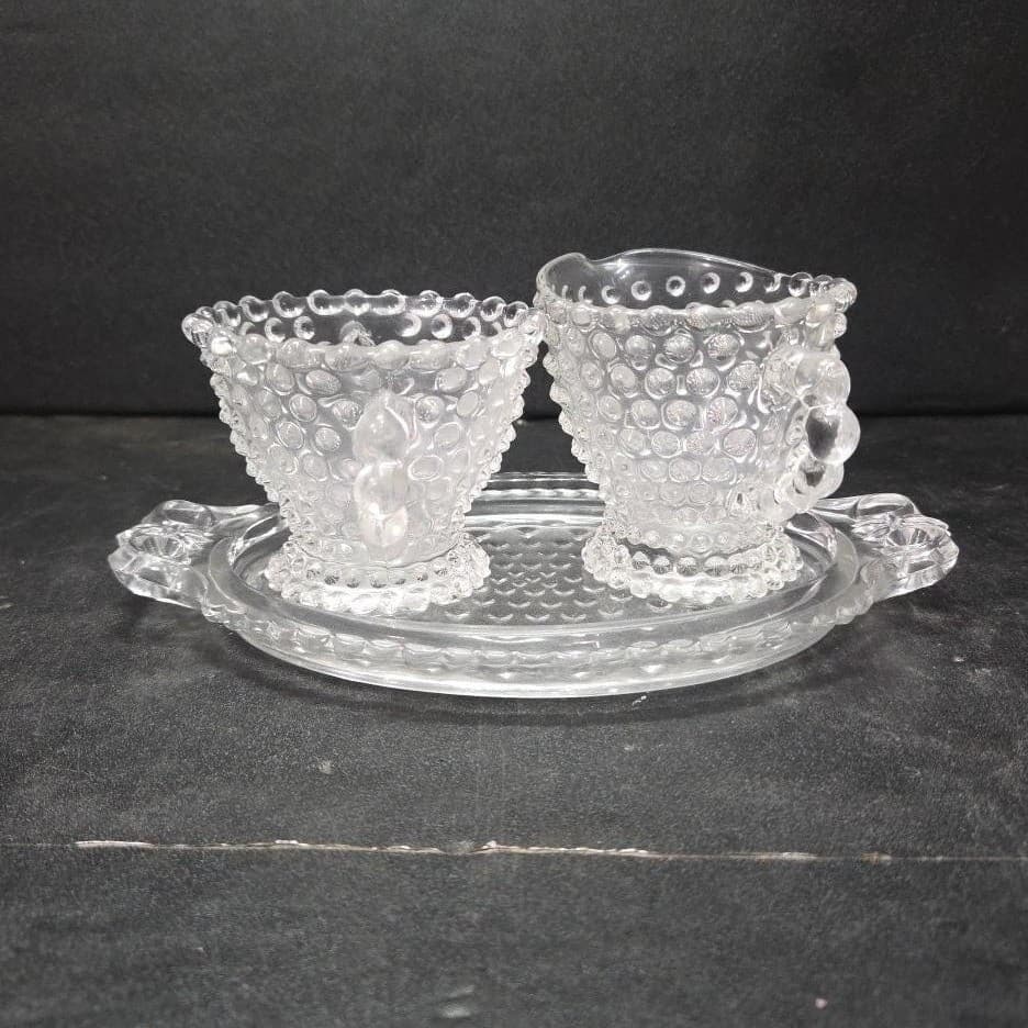 Duncan & Miller Crystal Hobnail Sugar And Creamer With Tray, Vintage Glassware - Thumbnail 4