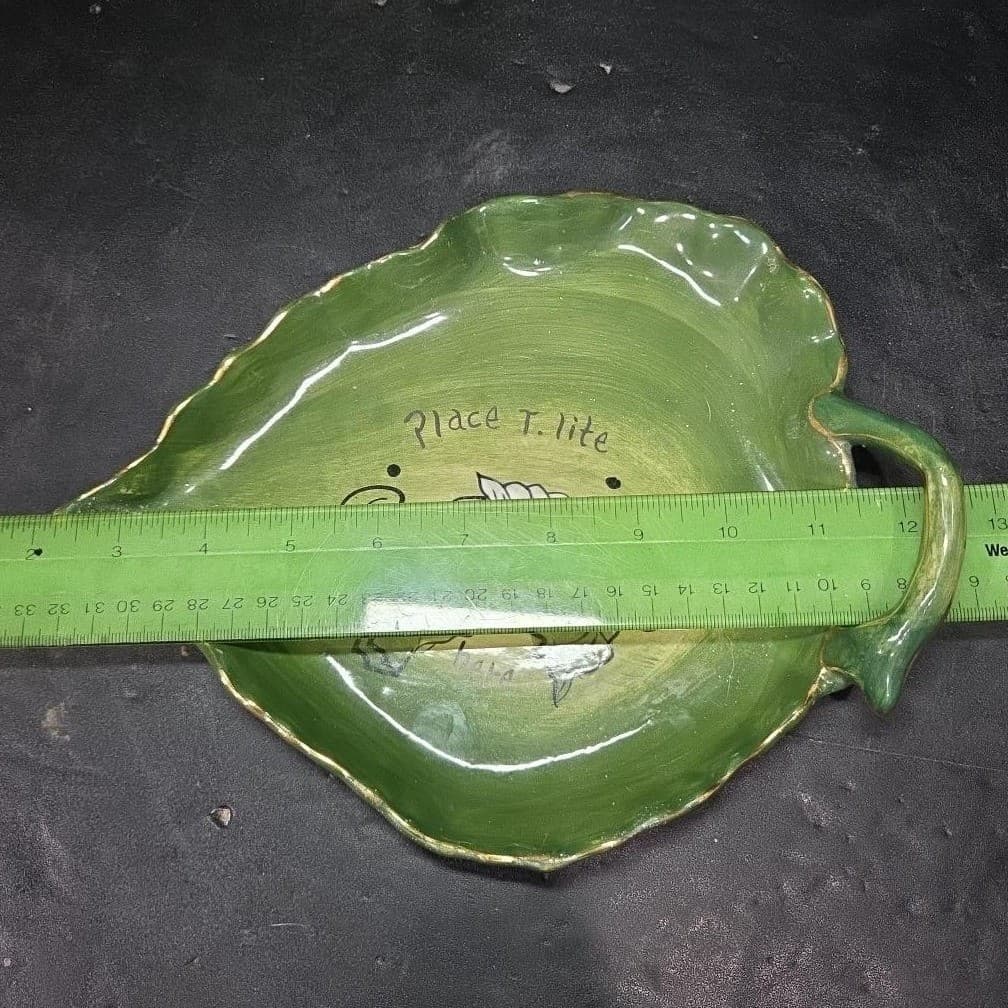 Blue Sky Leaf Shape Tea Light Tray, Green Floral Painted Plate, Vintage Dish - Thumbnail 4