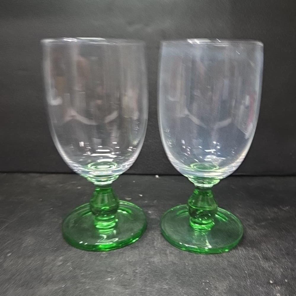 Green Bubble Stem Wine Glasses, Set of 2, Vintage Clear Bulb Stemware, Drinkware - Thumbnail 4