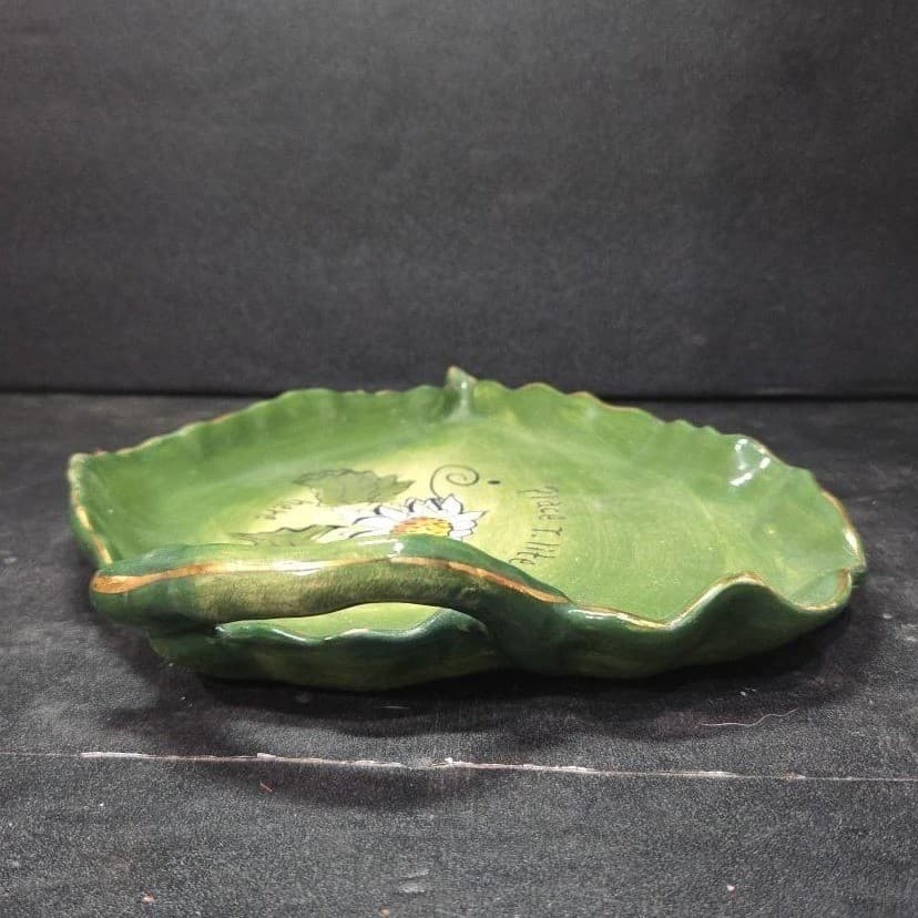 Blue Sky Leaf Shape Tea Light Tray, Green Floral Painted Plate, Vintage Dish - Thumbnail 9