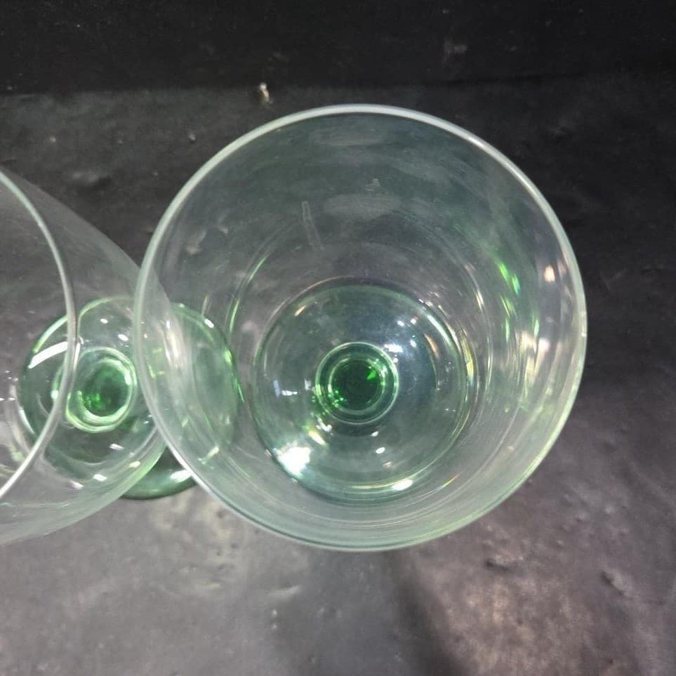 Green Bubble Stem Wine Glasses, Set of 2, Vintage Clear Bulb Stemware, Drinkware - Thumbnail 7
