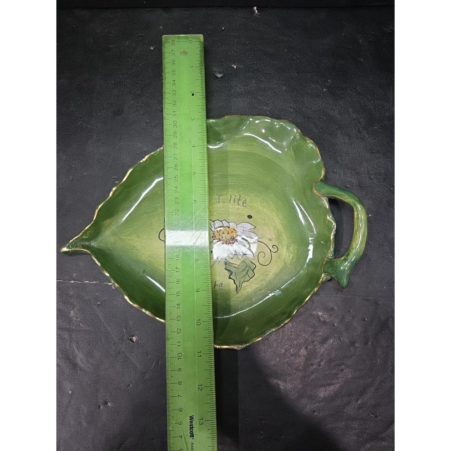 Blue Sky Leaf Shape Tea Light Tray, Green Floral Painted Plate, Vintage Dish - Thumbnail 5