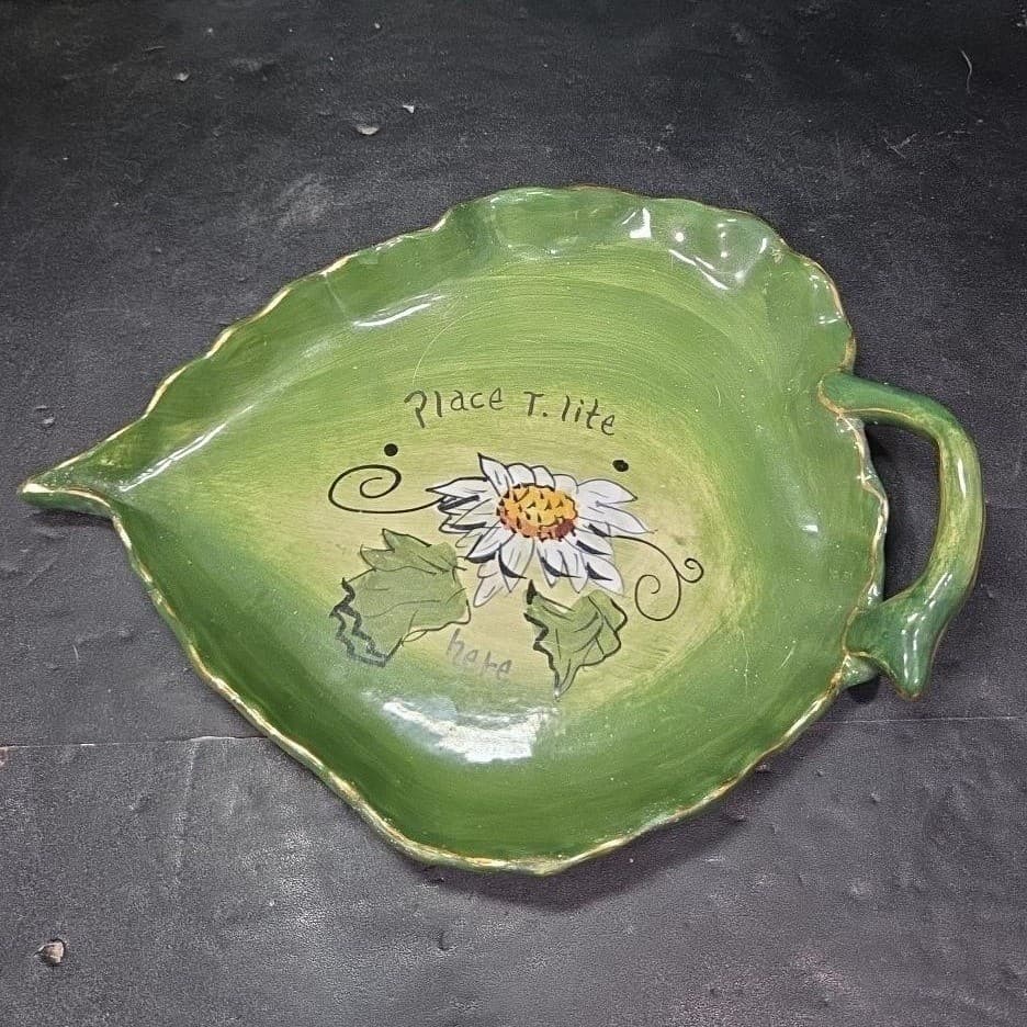 Blue Sky Leaf Shape Tea Light Tray, Green Floral Painted Plate, Vintage Dish - Thumbnail 2
