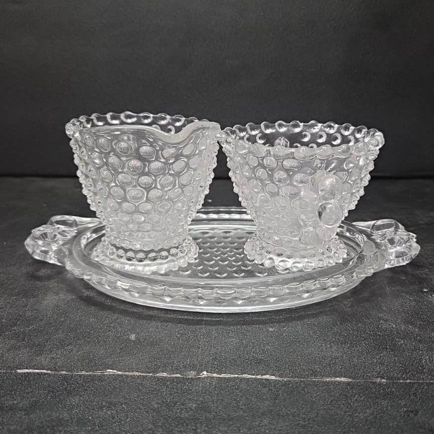 Duncan & Miller Crystal Hobnail Sugar And Creamer With Tray, Vintage Glassware - Thumbnail 2