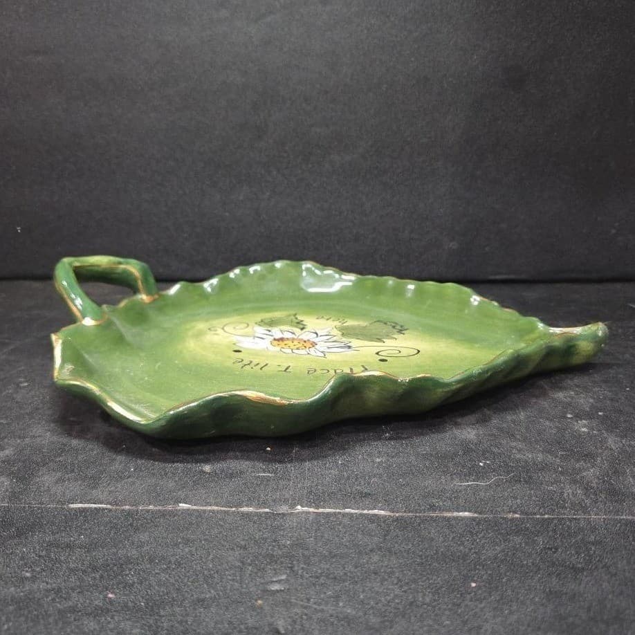 Blue Sky Leaf Shape Tea Light Tray, Green Floral Painted Plate, Vintage Dish - Thumbnail 8