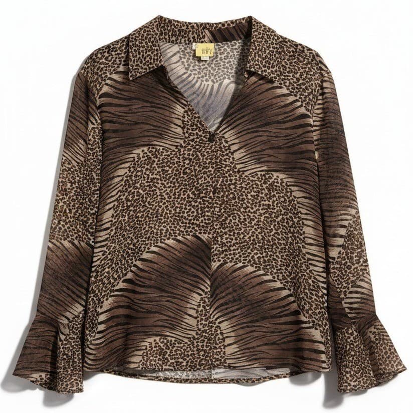 Beguize Mixed Brown Animal Print Bell Sleeve Blouse, Woman's Small Leopard Zebra