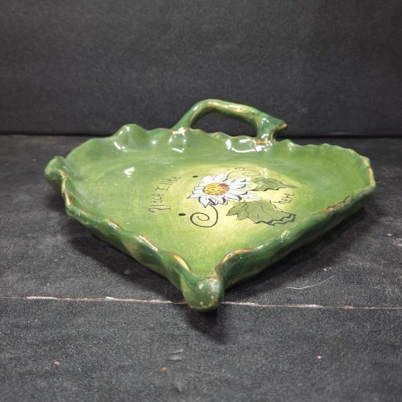 Blue Sky Leaf Shape Tea Light Tray, Green Floral Painted Plate, Vintage Dish - Thumbnail 7