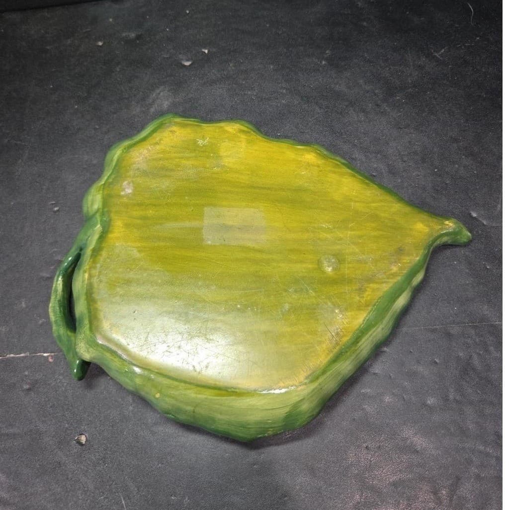 Blue Sky Leaf Shape Tea Light Tray, Green Floral Painted Plate, Vintage Dish - Thumbnail 3