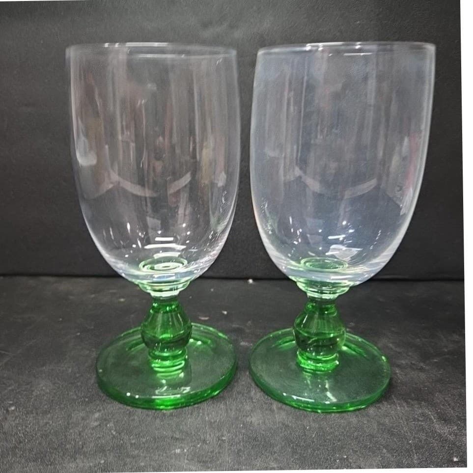 Green Bubble Stem Wine Glasses, Set of 2, Vintage Clear Bulb Stemware, Drinkware - Thumbnail 5