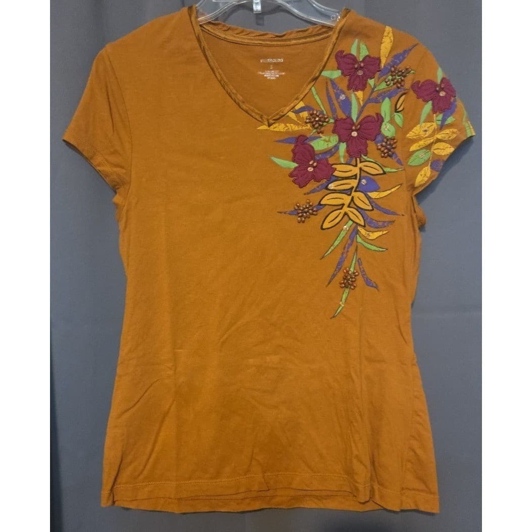 Westbound Ochre Brown V-Neck, Women's Small, Beaded Floral Graphic T-Shirt - Thumbnail 3