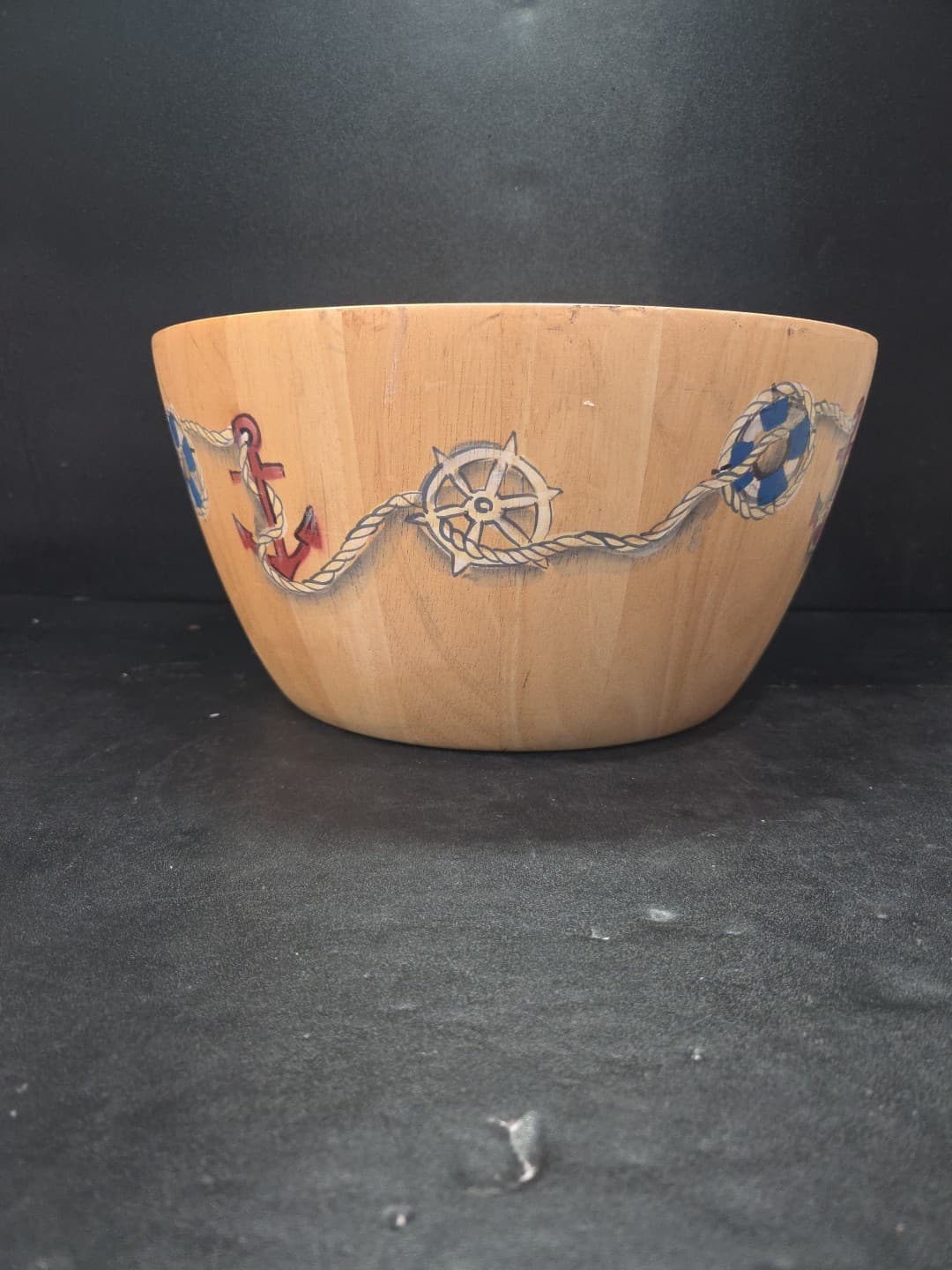 Clay Art Hand Painted Wooden Serving Bowl, Nautical & Anchor Design, Salad Dish - Thumbnail 4