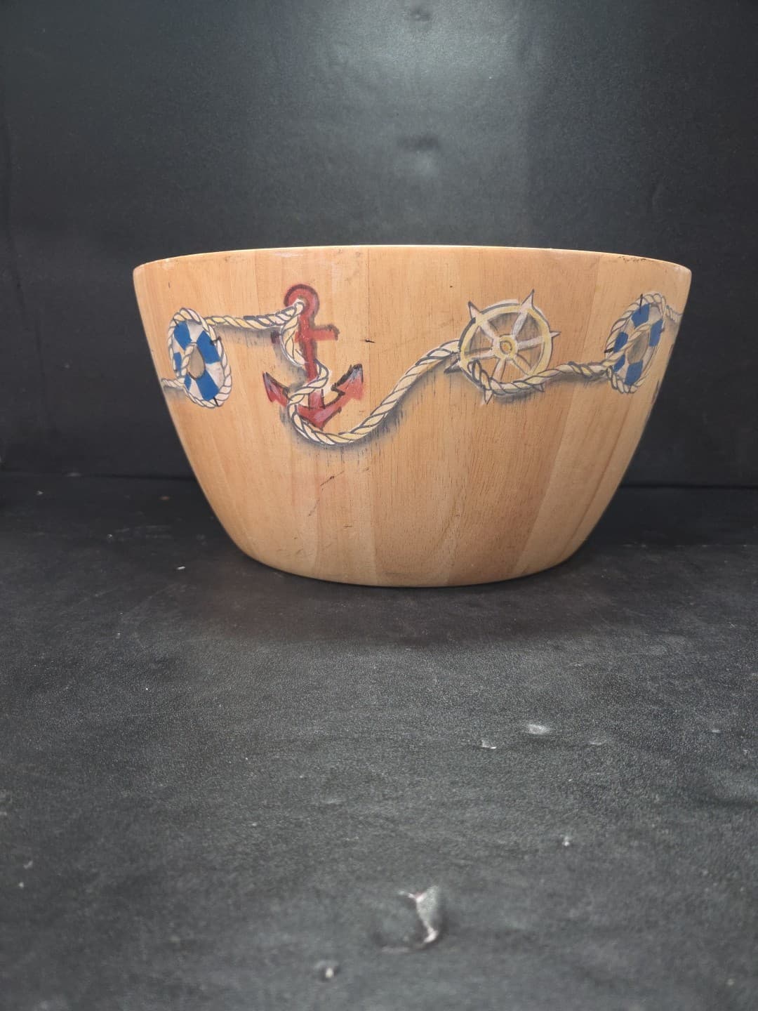 Clay Art Hand Painted Wooden Serving Bowl, Nautical & Anchor Design, Salad Dish - Thumbnail 2