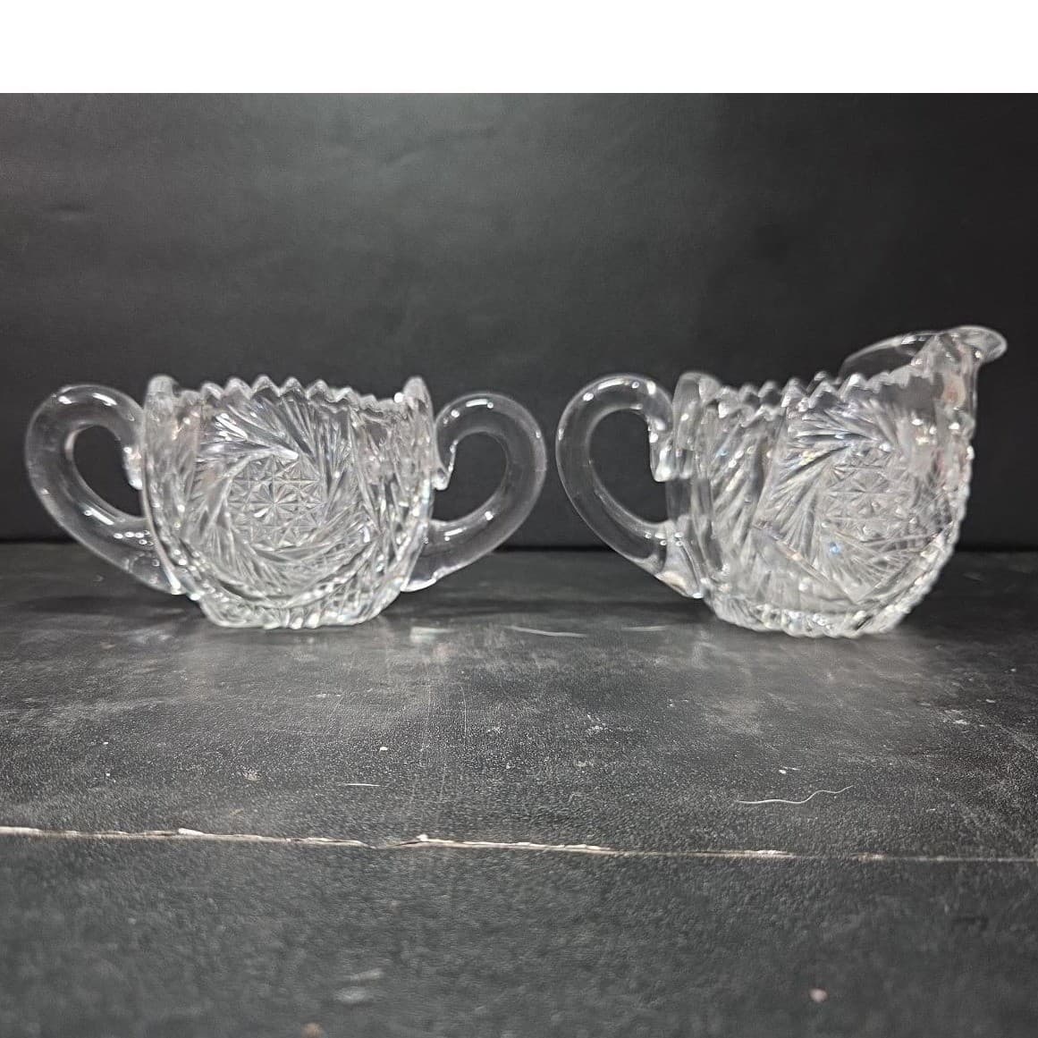American Brilliant Cut Glass Sugar Bowl & Creamer #DH22, Pinwheel Hobstar Design - Thumbnail 4