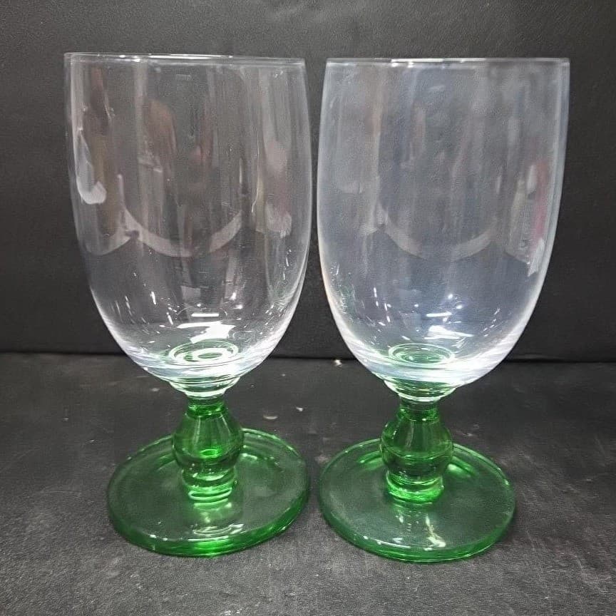 Green Bubble Stem Wine Glasses, Set of 2, Vintage Clear Bulb Stemware, Drinkware - Thumbnail 2