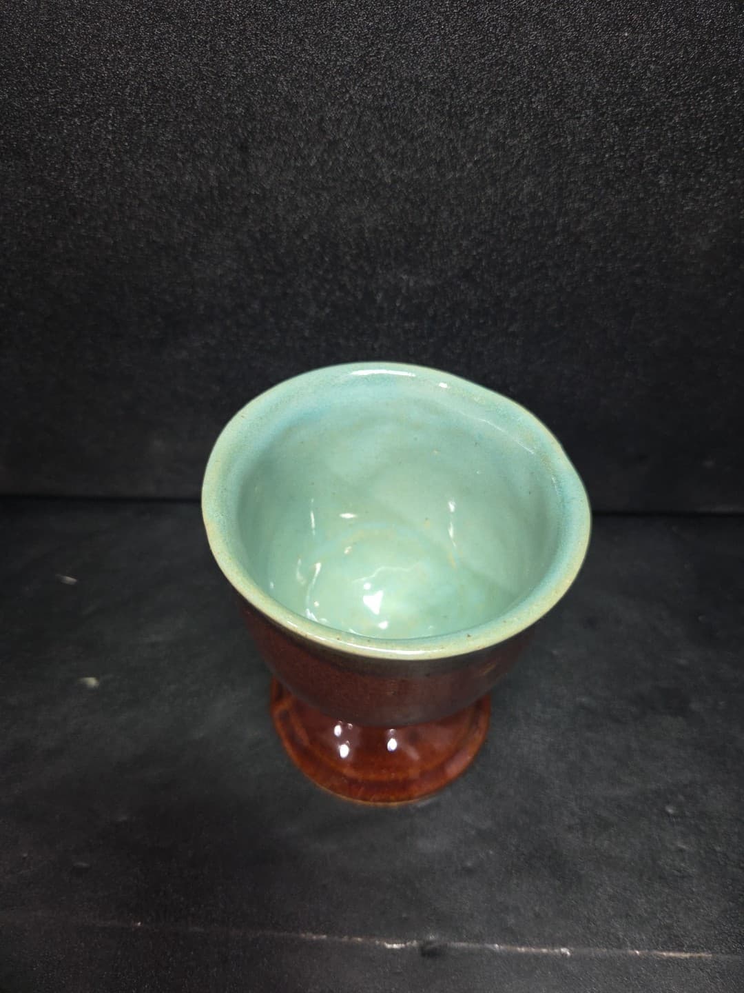 Country Fare Style Turquoise & Brown Glaze Egg Cup, Vintage Ceramic Goblet - Thumbnail 5