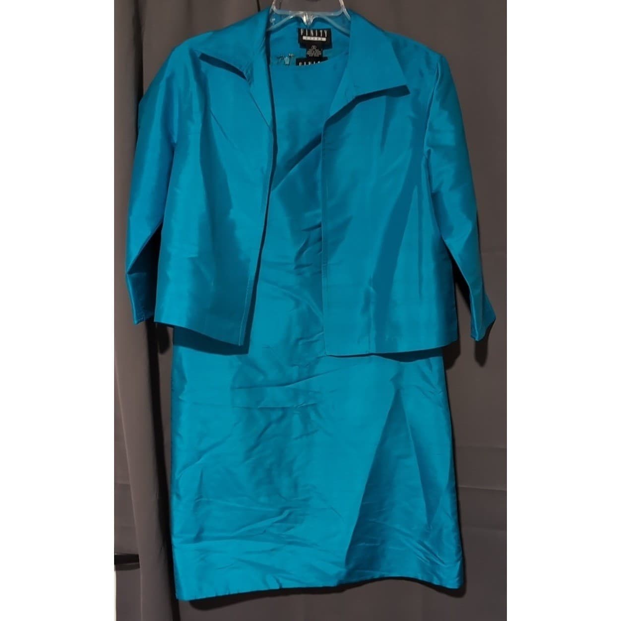 Finity Dress Turquoise 100% Silk 2 Piece Dress and Blazer Set, Woman's Size 8 - Thumbnail 4