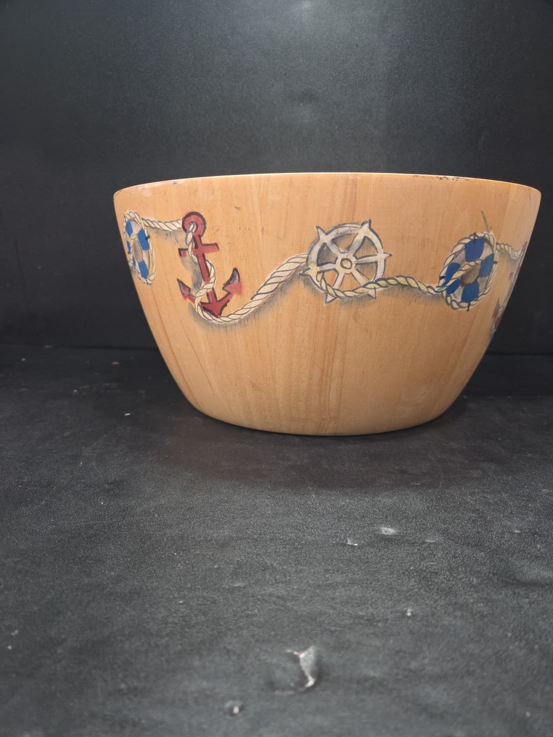 Clay Art Hand Painted Wooden Serving Bowl, Nautical & Anchor Design, Salad Dish - Thumbnail 3