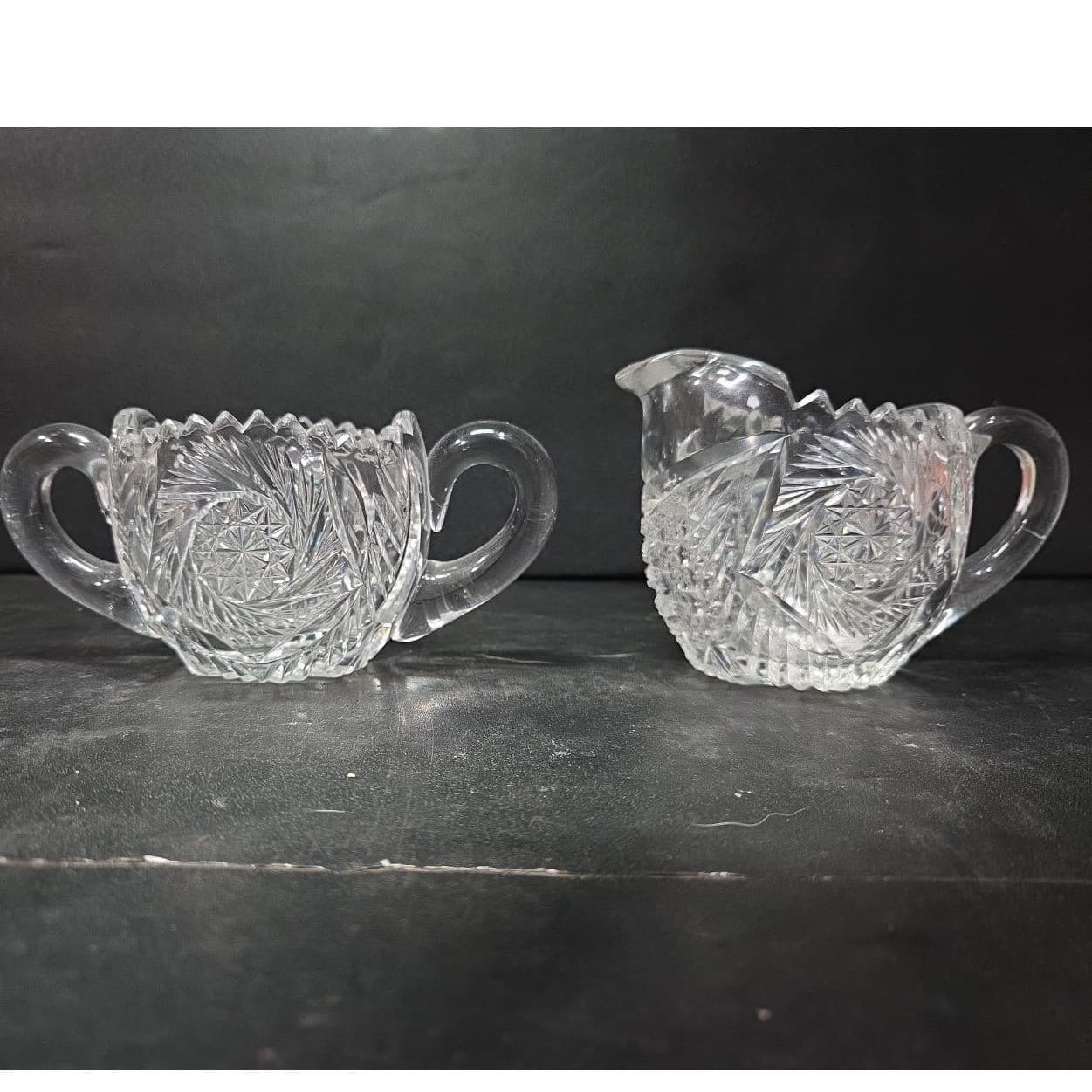 American Brilliant Cut Glass Sugar Bowl & Creamer #DH22, Pinwheel Hobstar Design - Thumbnail 2