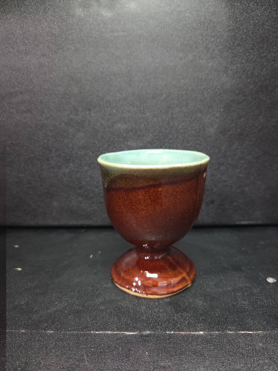 Country Fare Style Turquoise & Brown Glaze Egg Cup, Vintage Ceramic Goblet - Thumbnail 3