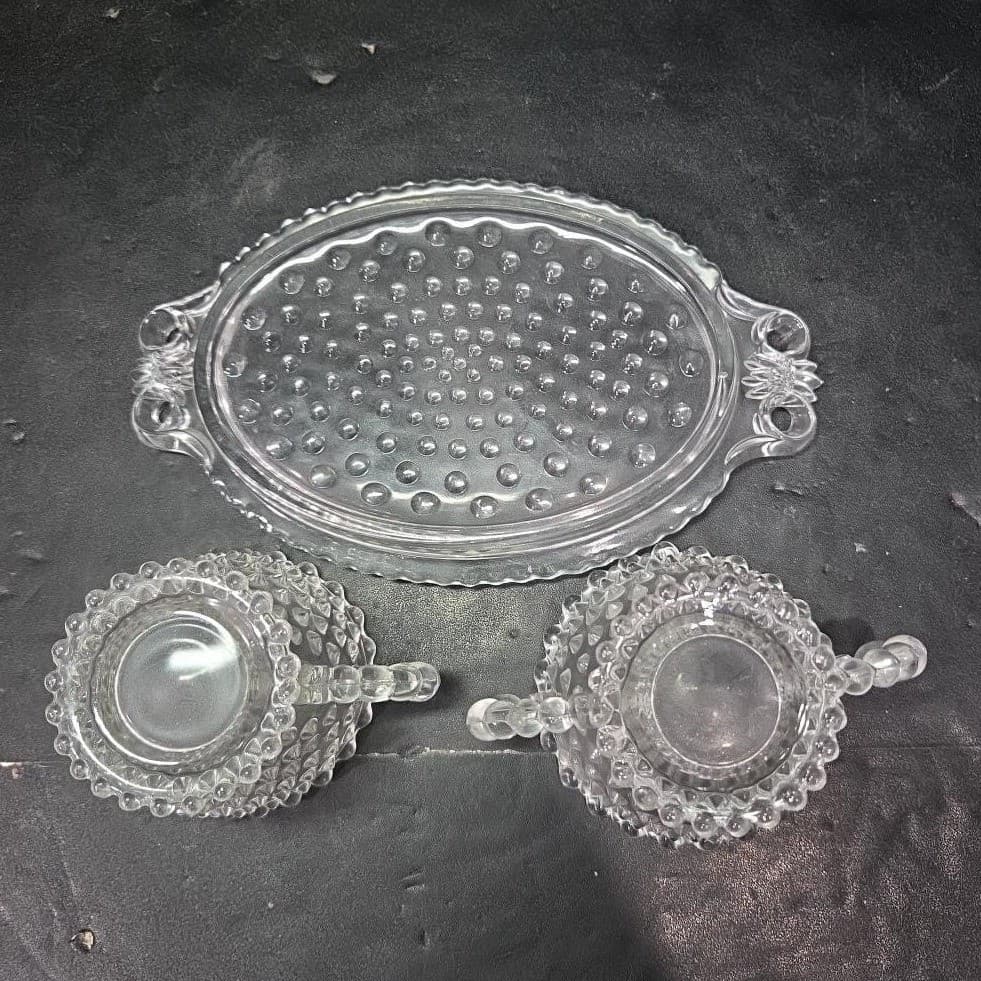 Duncan & Miller Crystal Hobnail Sugar And Creamer With Tray, Vintage Glassware - Thumbnail 7
