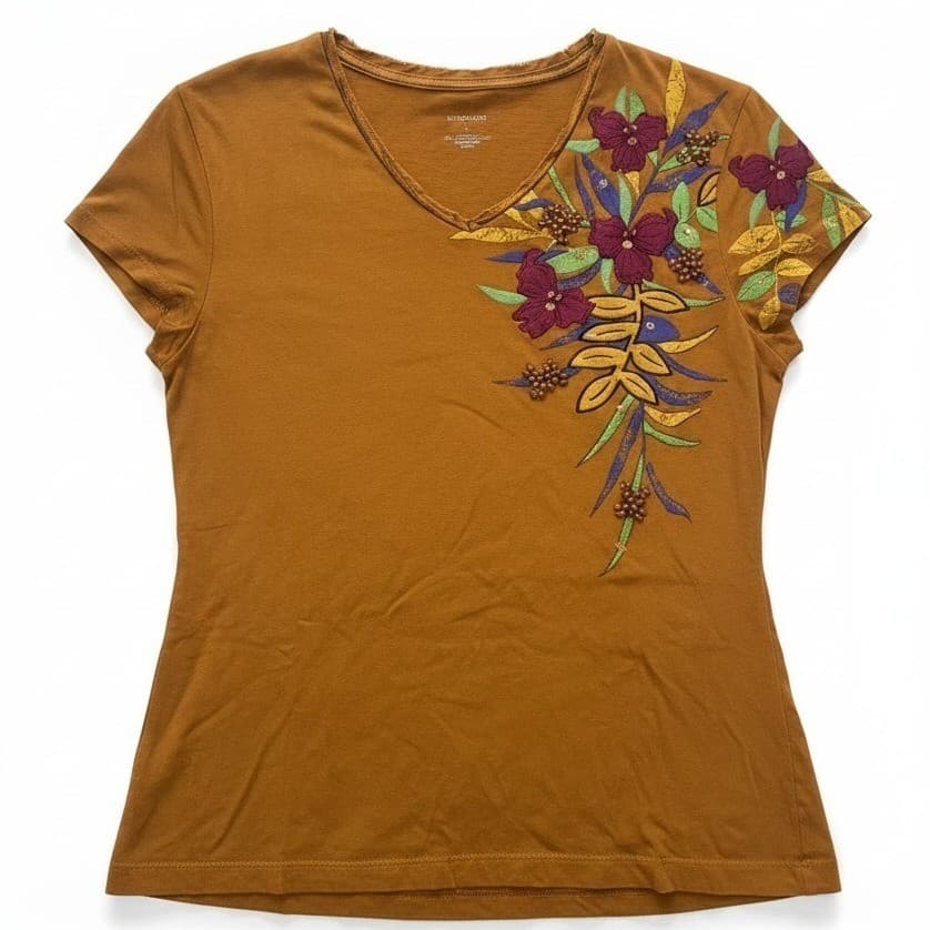 Westbound Ochre Brown V-Neck, Women's Small, Beaded Floral Graphic T-Shirt