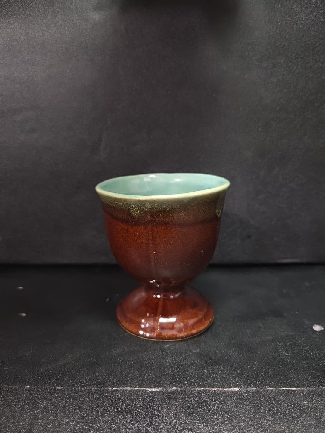 Country Fare Style Turquoise & Brown Glaze Egg Cup, Vintage Ceramic Goblet - Thumbnail 2