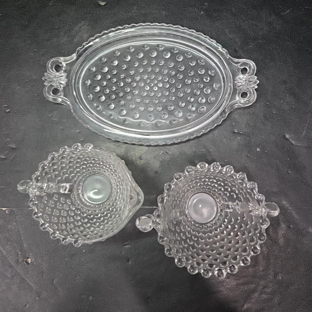 Duncan & Miller Crystal Hobnail Sugar And Creamer With Tray, Vintage Glassware - Thumbnail 6