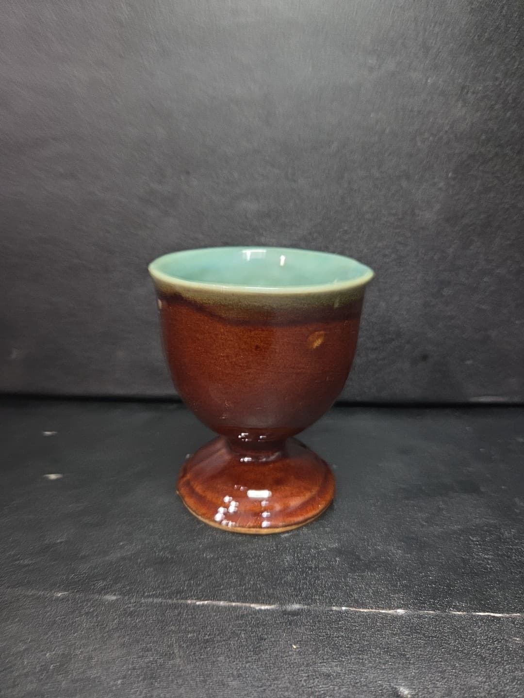 Country Fare Style Turquoise & Brown Glaze Egg Cup, Vintage Ceramic Goblet - Thumbnail 4