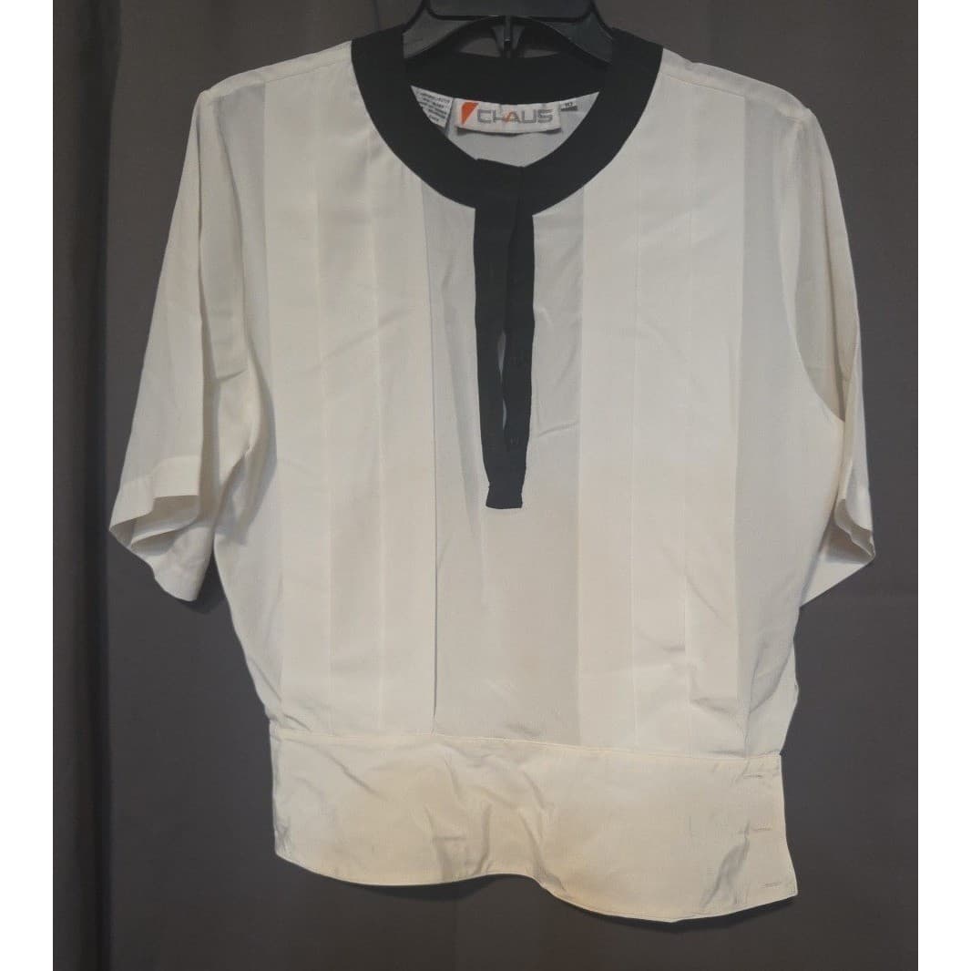 Chaus Cream Black Colorblock Pleated Blouse, Women's Size 10 Top, Short Sleeve - Thumbnail 3
