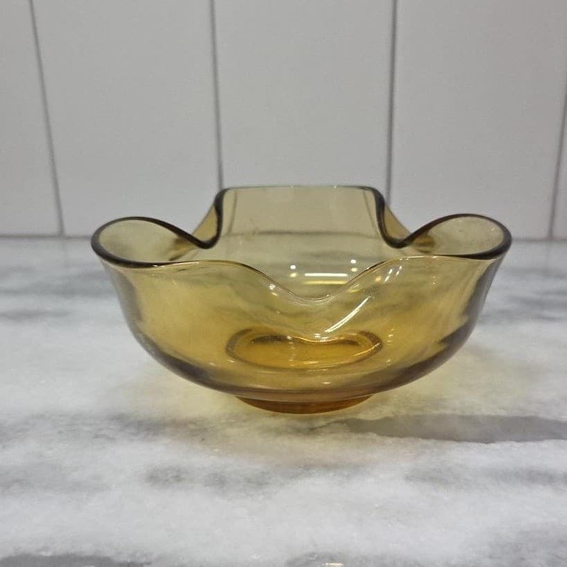 Anchor Hocking Harvest Gold Trinket Bowl, Vintage Amber Honey Dish, Wavy Edges - Thumbnail 2