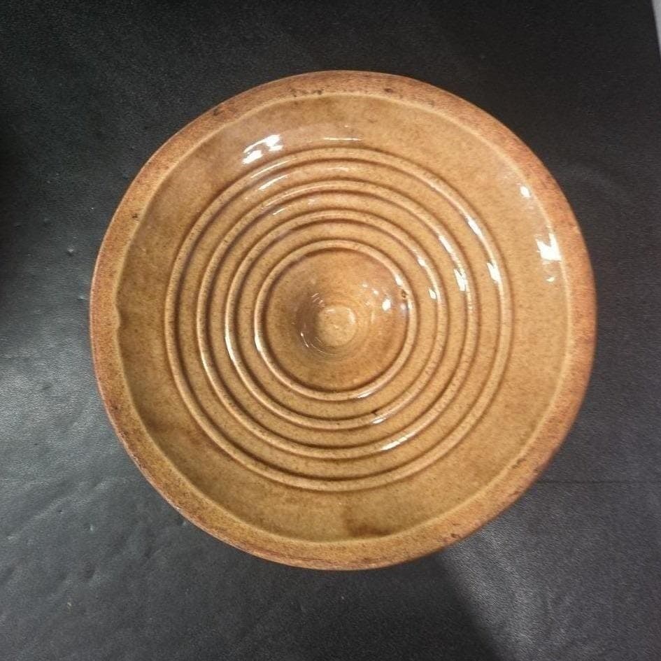 USA Stoneware Lidded Bean Pot, Brown Tan Ribbed Crock, Vtg Rustic Kitchenware - Thumbnail 7