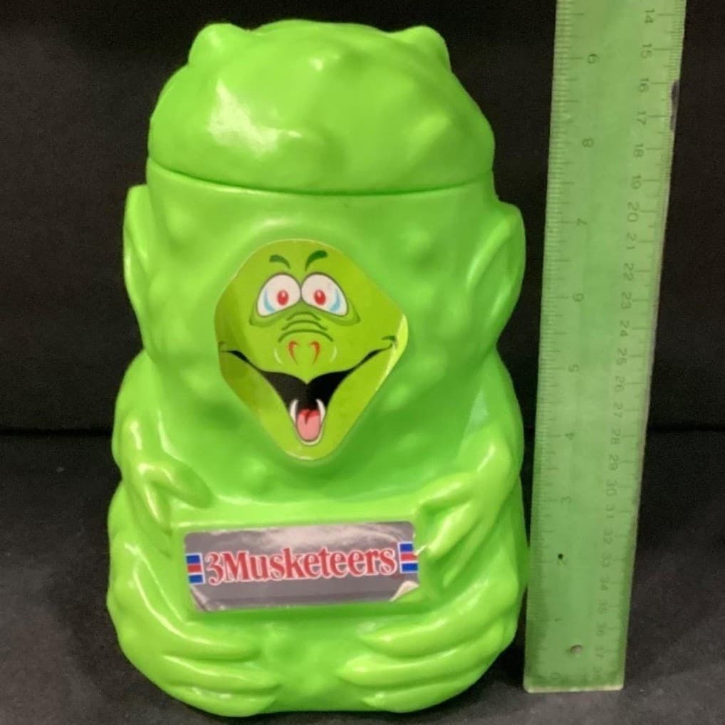 Vtg 1990 "3 MUSKETEERS" Goblin/Monster Green Candy Pail Bucket Blow Mold by MARS - Thumbnail 2
