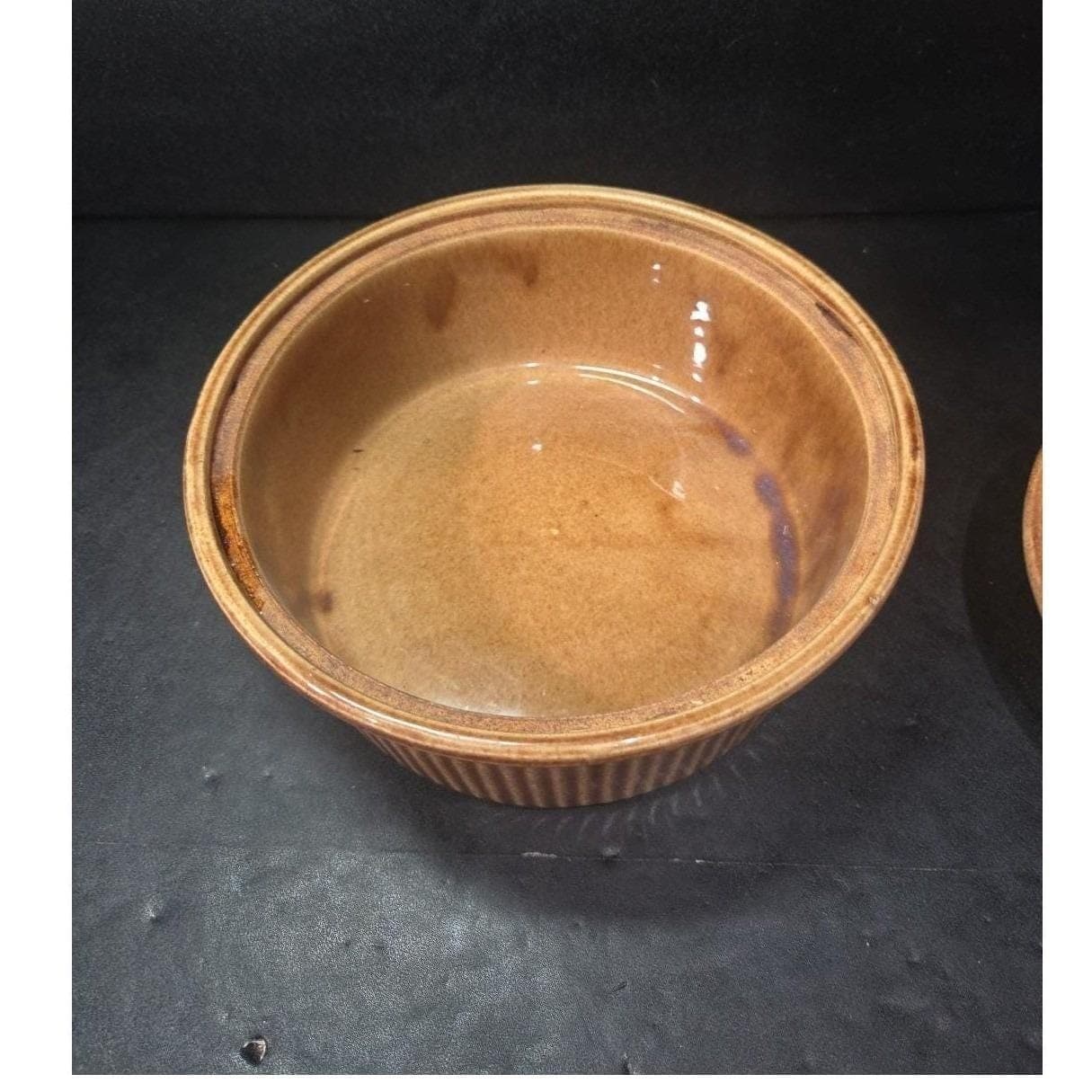 USA Stoneware Lidded Bean Pot, Brown Tan Ribbed Crock, Vtg Rustic Kitchenware - Thumbnail 6