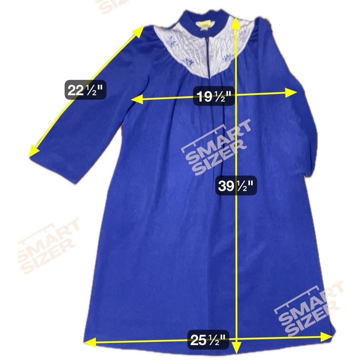 HomeWear Royal Blue Fleece Zip Front Robe, Vintage Quilted Floral Yoke, USA Made - Thumbnail 2