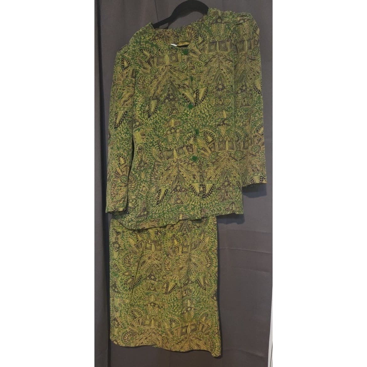 Sussy Green Batik Geometric Print Skirt Suit Set, Women's 2XL, Blazer Midi Skirt - Thumbnail 4