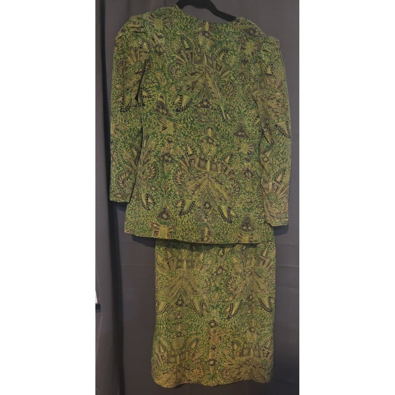 Sussy Green Batik Geometric Print Skirt Suit Set, Women's 2XL, Blazer Midi Skirt - Thumbnail 5