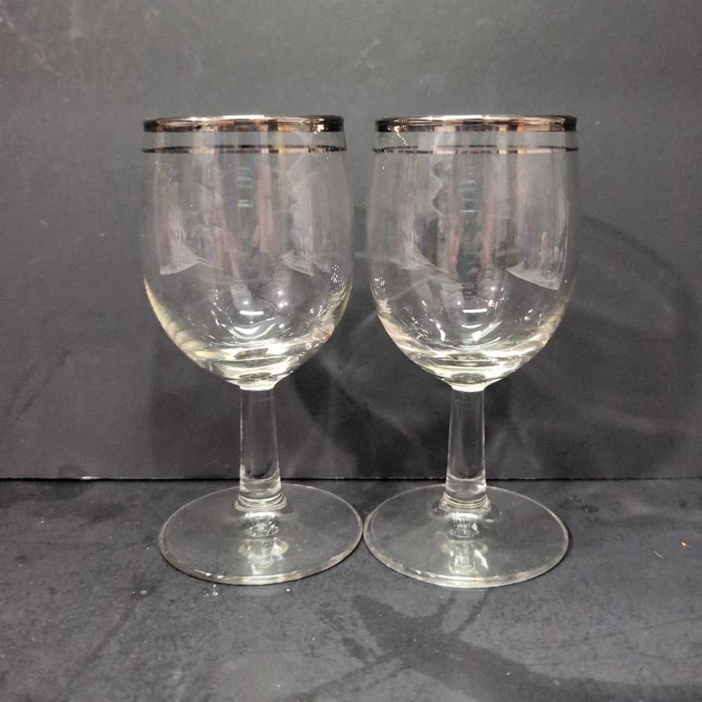 Platinum Rimmed Clear wine Glasses, Set of 2, Vintage Replacement Stemware, MCM - Thumbnail 2