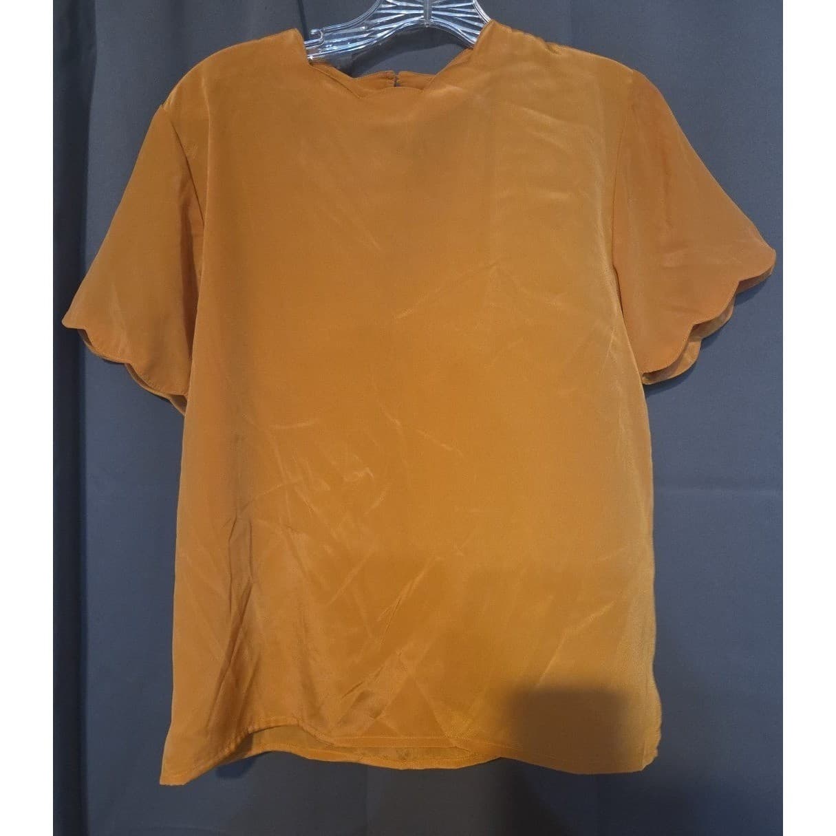 Sara Stephen Mustard Yellow Blouse, Women's Small Keyhole Back, Scalloped Sleeve - Thumbnail 3