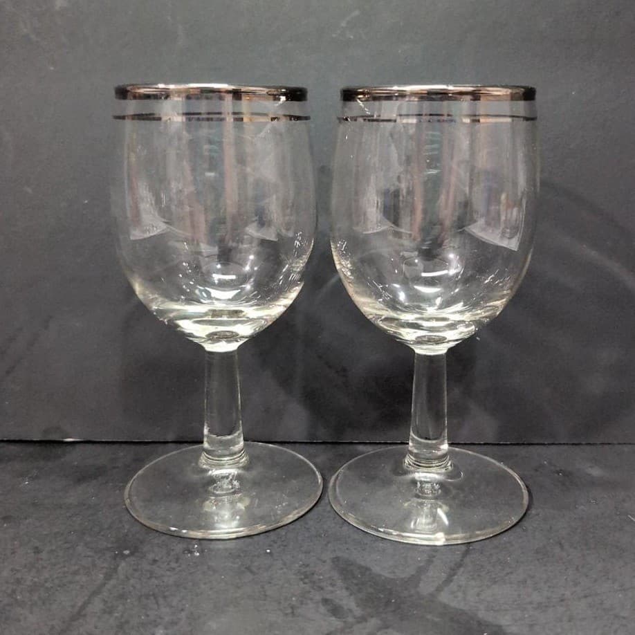 Platinum Rimmed Clear wine Glasses, Set of 2, Vintage Replacement Stemware, MCM - Thumbnail 3