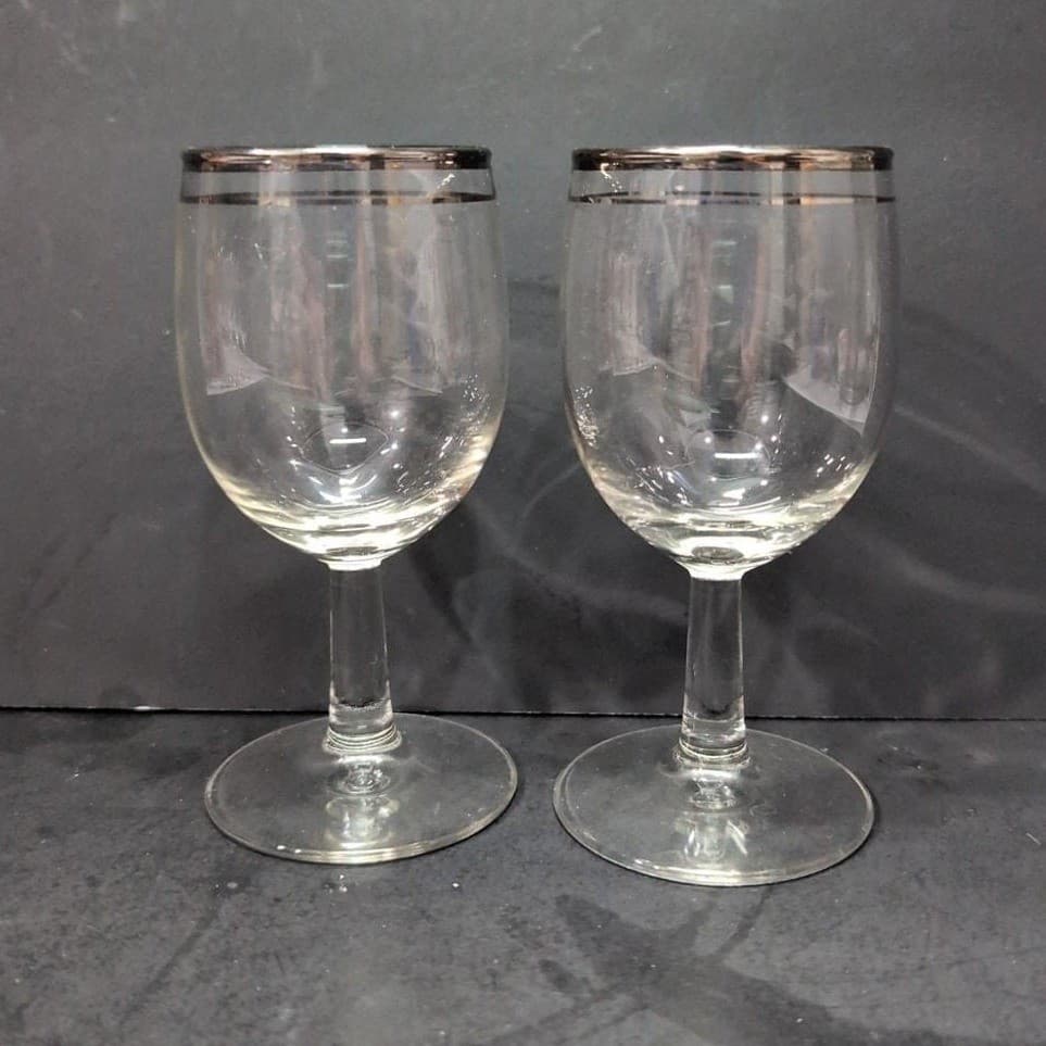 Platinum Rimmed Clear wine Glasses, Set of 2, Vintage Replacement Stemware, MCM - Thumbnail 5