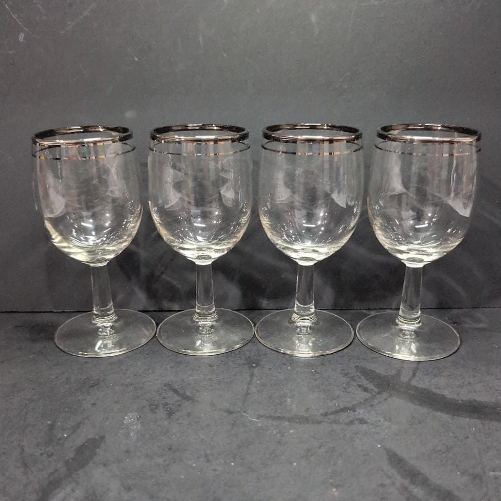 Platinum Rimmed Clear Wine Glasses, Set of 4, Vintage Replacement Stemware, MCM - Thumbnail 2
