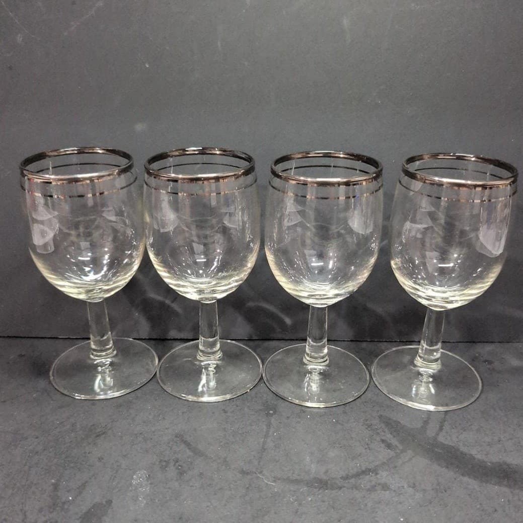 Platinum Rimmed Clear Wine Glasses, Set of 4, Vintage Replacement Stemware, MCM - Thumbnail 5
