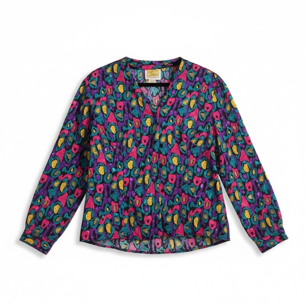 Notations Abstract Leopard Print Blouse, Pink Purple Teal, Women's Size 10